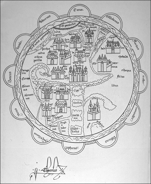 Weltkarte Chronicles of St. Denis
1364-1372 
(Santarem facsimile)
(Osten - Oben)